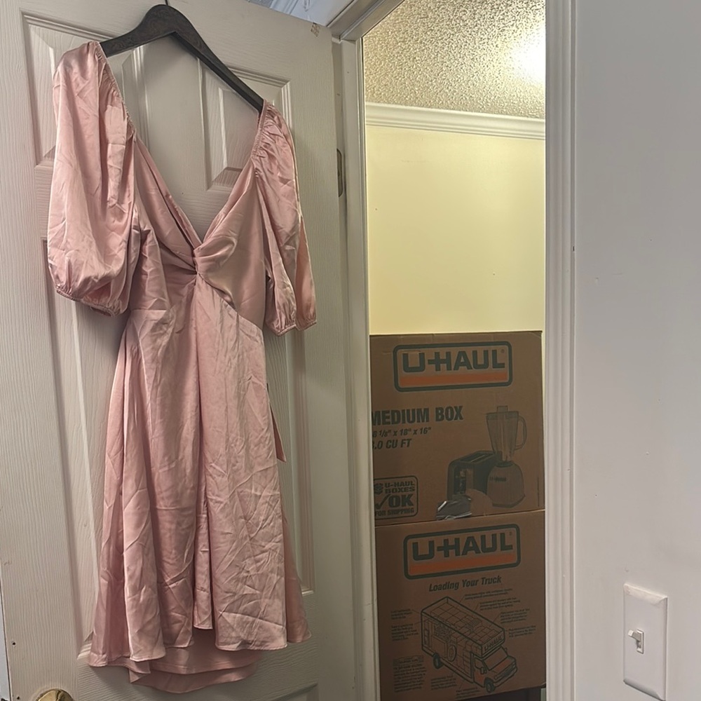 Express Pink Wrap Sundress with Puff Sleeves